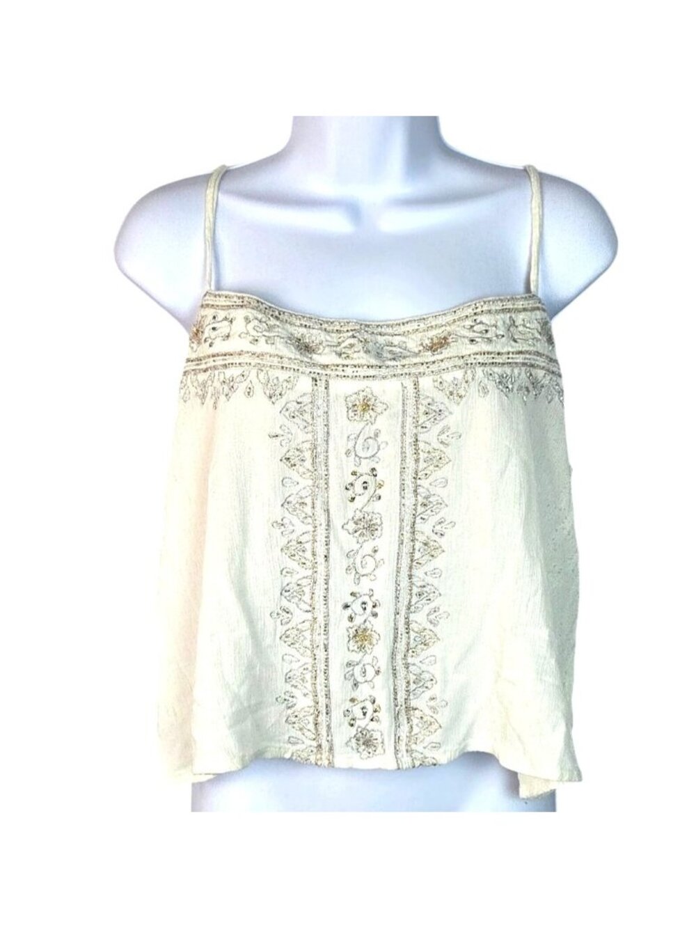 Shyanne Cream Gold Embroidered Boho Cropped Sleeveless Camisole Top Size XL